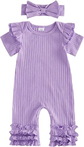 Newborn Baby Girl Clothes Jumpsuit Ruffle Trim Short Sleeve Romper Bodysuit Headband Coming Home Hospital Outfits in Kuwait