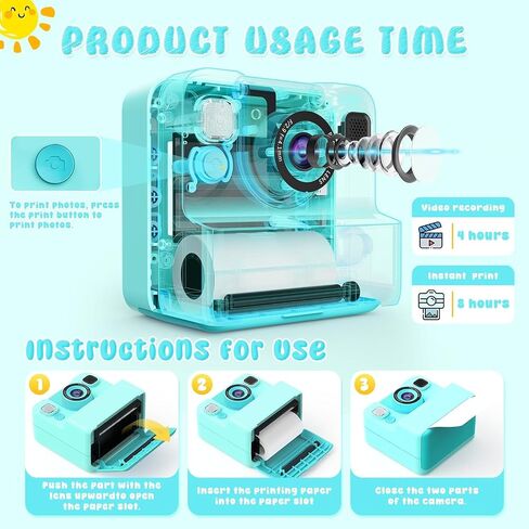 Alotwan Kids Instant Print Camera Video, 32GB Card, 3 Rolls Paper | Flip Lens, 48MP HD Digital Photo, Fun Photo Effects & Frames, Pocket Size Travel, Gift for Boys Girls in Kuwait