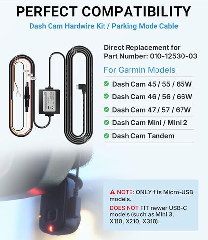 Parking Mode Cable for Garmin Dash Cams Mini 2/57/67W/Tandem, 13ft Micro USB Dashcam Power Cord, 12V-24V Low Voltage Protection, Hardwire Kit Replaces 010-12530-03 in Kuwait