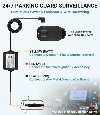 Parking Mode Cable for Garmin Dash Cams Mini 2/57/67W/Tandem, 13ft Micro USB Dashcam Power Cord, 12V-24V Low Voltage Protection, Hardwire Kit Replaces 010-12530-03 in Kuwait