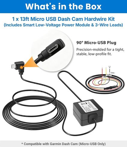 Parking Mode Cable for Garmin Dash Cams Mini 2/57/67W/Tandem, 13ft Micro USB Dashcam Power Cord, 12V-24V Low Voltage Protection, Hardwire Kit Replaces 010-12530-03 in Kuwait