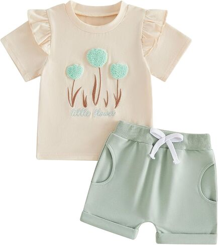 Toddler Floral Print Short Sleeve T Shirt Shorts Set Spring Summer Clothes | Cotton Blend, Flower Embroidery, Crewneck, Ruffled Short Sleeve, Elastic Waist, suitable for Summer in Kuwait