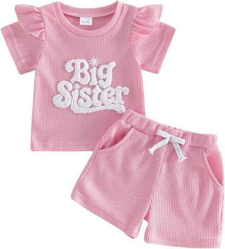 Toddler Baby Brother Sister Matching Outfits Big&Little Sis Bro Waffle Knit Short Sleeve T-Shirt and Shorts Set in Kuwait