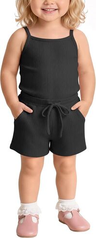 Yooo's Vivi Toddler Girls Summer Outfits Baby Cotton Clothes Ribbed Tank Tops and Shorts Sets with Drawstring Pockets 18M-5T in Kuwait