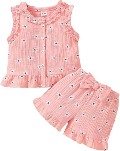 Toddler Baby Girl Summer Clothes Sleeveless Ruffle Tops + Bloomers Shorts Set Cute Daisy Outfits in Kuwait