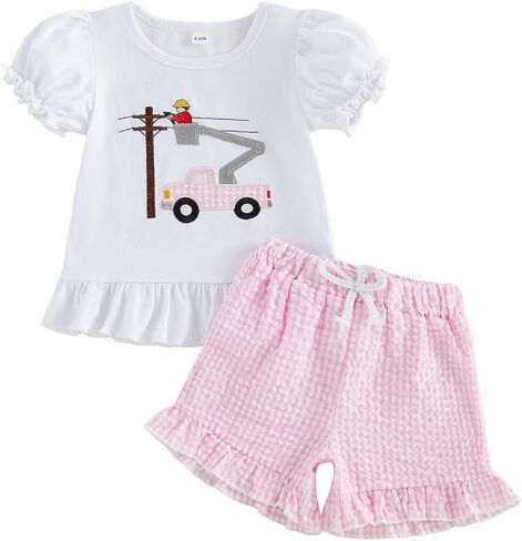 Bagilaanoe Toddler Baby Girl Puff Short Sleeve T-Shirt+ Plaid Shorts Castle/Lineworker Embroidery Clothes 2PCS Outfit Set in Kuwait