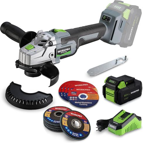 WORKPRO Cordless Angle Grinder, 20V Brushless Grinder with 4.0Ah Battery and Fast Charger, 4-1/2 Inch Dics, 8500RPM Brushless Motor Electric Grinder Power Tools for Metal and Wood in Kuwait