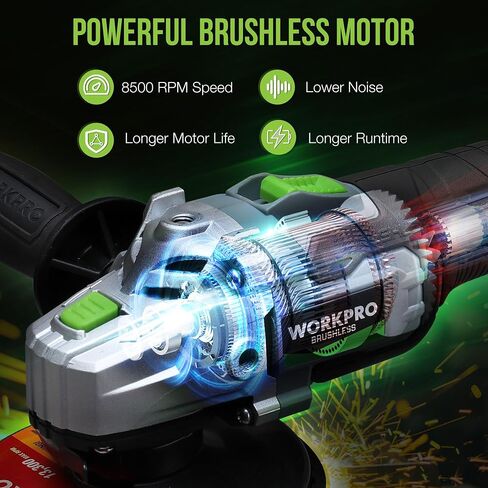 WORKPRO Cordless Angle Grinder, 20V Brushless Grinder with 4.0Ah Battery and Fast Charger, 4-1/2 Inch Dics, 8500RPM Brushless Motor Electric Grinder Power Tools for Metal and Wood in Kuwait
