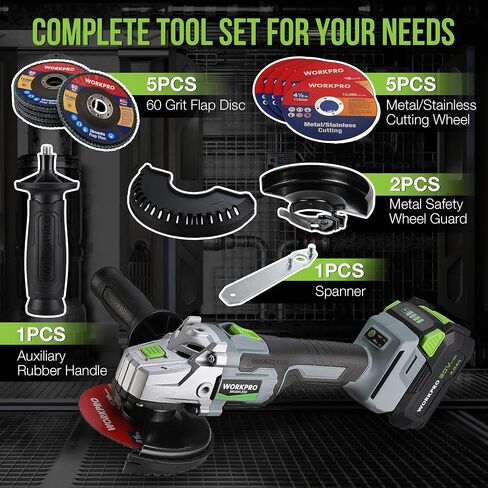 WORKPRO Cordless Angle Grinder, 20V Brushless Grinder with 4.0Ah Battery and Fast Charger, 4-1/2 Inch Dics, 8500RPM Brushless Motor Electric Grinder Power Tools for Metal and Wood in Kuwait