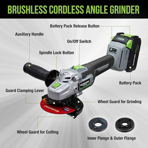 WORKPRO Cordless Angle Grinder, 20V Brushless Grinder with 4.0Ah Battery and Fast Charger, 4-1/2 Inch Dics, 8500RPM Brushless Motor Electric Grinder Power Tools for Metal and Wood in Kuwait