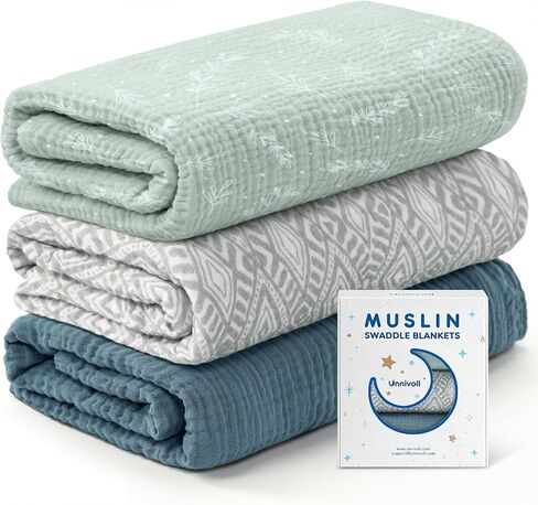 Unnivoll Muslin Swaddle Blankets for Newborns, 100% Cotton Receiving Blankets, Large 38 x 40 inches Baby Swaddle Blanket for Baby Boys and Girls, Soft Breathable Infant Baby Essentials 3 Pack Brown in Kuwait