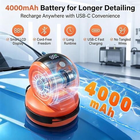 Cordless Car Buffer Polisher, 1800RPM 3-Speed Mini Car Polisher with 4000mAh Battery, USB-C Rechargeable Car Buffer with LCD Display, 6-Pad Car Detailing Kit for Waxing & Buffing in Kuwait