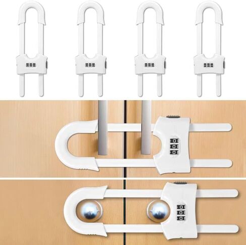 4 Packs Cabinet Locks U Shaped Sliding Cabinet Lock Baby Proofing Safety Locks with Combination Adjustable Childproof Latches for Adults, Handles on Kitchen Doors and Home Drawers Closet (Black) in Kuwait