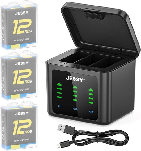 JESSY 3-Channel Battery Charger Kits for GoPro Hero 12 11 10 9 Black, 3 Pack Replacement Batteries and Type-C Battery Charge Case for Go Pro 12 11 10 9 Original Batteries Accessories in Kuwait