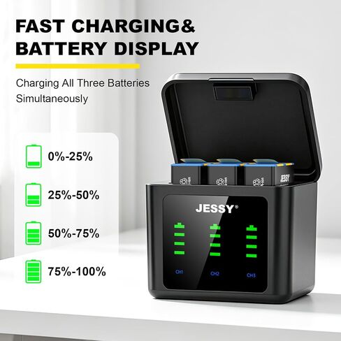 JESSY 3-Channel Battery Charger Kits for GoPro Hero 12 11 10 9 Black, 3 Pack Replacement Batteries and Type-C Battery Charge Case for Go Pro 12 11 10 9 Original Batteries Accessories in Kuwait