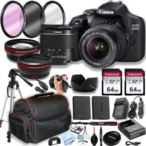 Canon EOS 2000D / Rebel T7 DSLR Camera w/EF-S 18-55mm F/3.5-5.6 Zoom Lens + 128GB Memory,Case, Tripod, Spare Battery - Professional Photo Accesory Bundle in Kuwait