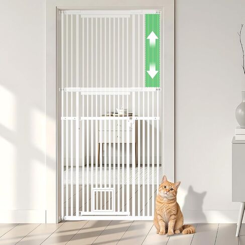 54"-87" Height Adjustable Extra Tall Cat Gate for Doorway, 27.1"-42" Extra Wide Pet Gate with Cat Door & Extension Kits, Pressure Mounted Dog Cat Barrier for Indoor Stairs, Studio, Kitchen (White) in Kuwait