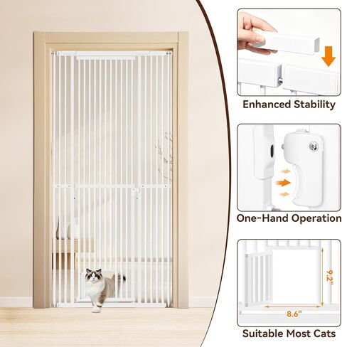 54"-87" Height Adjustable Extra Tall Cat Gate for Doorway, 27.1"-42" Extra Wide Pet Gate with Cat Door & Extension Kits, Pressure Mounted Dog Cat Barrier for Indoor Stairs, Studio, Kitchen (White) in Kuwait