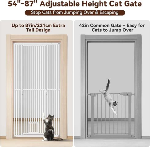 54"-87" Height Adjustable Extra Tall Cat Gate for Doorway, 27.1"-42" Extra Wide Pet Gate with Cat Door & Extension Kits, Pressure Mounted Dog Cat Barrier for Indoor Stairs, Studio, Kitchen (White) in Kuwait