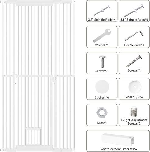 54"-87" Height Adjustable Extra Tall Cat Gate for Doorway, 27.1"-42" Extra Wide Pet Gate with Cat Door & Extension Kits, Pressure Mounted Dog Cat Barrier for Indoor Stairs, Studio, Kitchen (White) in Kuwait