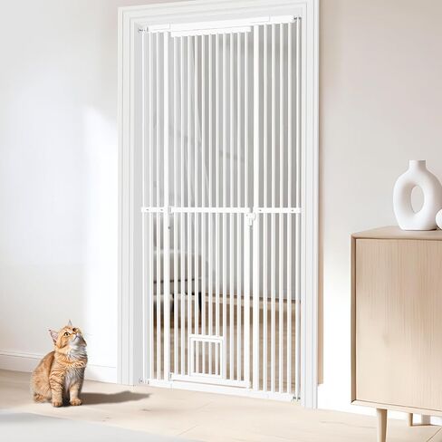 54"-87" Height Adjustable Extra Tall Cat Gate for Doorway, 27.1"-42" Extra Wide Pet Gate with Cat Door & Extension Kits, Pressure Mounted Dog Cat Barrier for Indoor Stairs, Studio, Kitchen (White) in Kuwait