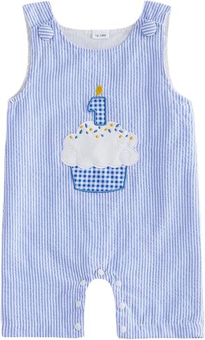 Baby Boy First Birthday Outfit Letter Embroidery Stripe Sleeveless Jumpsuit 1st Birthday Clothes Cake Smash Romper in Kuwait
