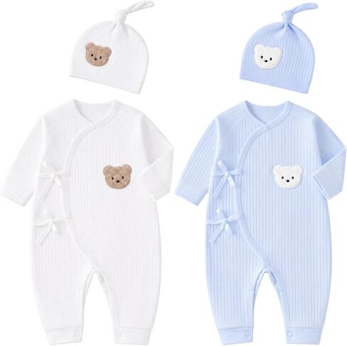 2-Pack 100% Cotton Newborn Baby Clothes Set - Side Kimono Romper with Hat, Essential Coming Home Outfit for Boy Girl in Kuwait
