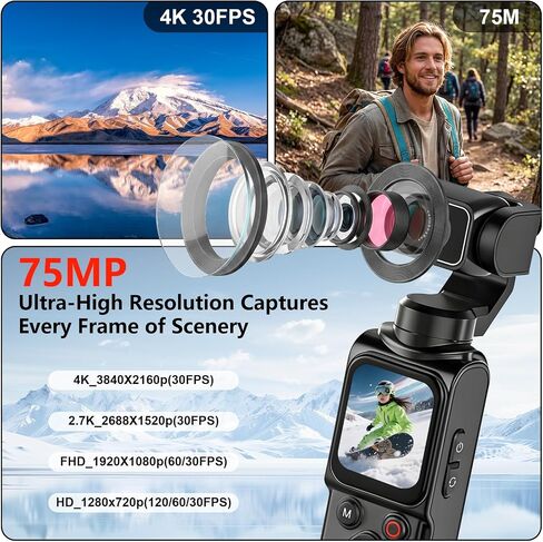 4K Vlogging Camera Portable Pocket Camera, 4K/30FPS with 75MP Photo, 330° Rotating Lens & Face Tracking, 1.7'' Touch Screen, Wi-Fi, 18x Digital Zoom, for YouTube TikTok, Includes 128GB Card&Tripod in Kuwait