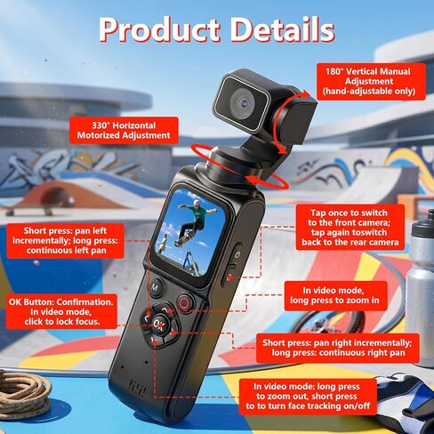 4K Vlogging Camera Portable Pocket Camera, 4K/30FPS with 75MP Photo, 330° Rotating Lens & Face Tracking, 1.7'' Touch Screen, Wi-Fi, 18x Digital Zoom, for YouTube TikTok, Includes 128GB Card&Tripod in Kuwait