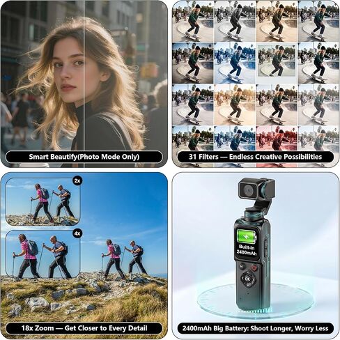 4K Vlogging Camera Portable Pocket Camera, 4K/30FPS with 75MP Photo, 330° Rotating Lens & Face Tracking, 1.7'' Touch Screen, Wi-Fi, 18x Digital Zoom, for YouTube TikTok, Includes 128GB Card&Tripod in Kuwait