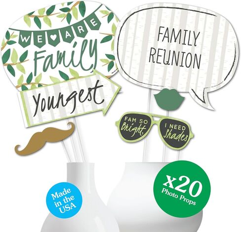 Family Tree Reunion Photo Booth Prop Kit, DIY Cardstock Props - 20pc | Family Gathering Themed Party Decorations, Masks and Speech Bubble Shapes for Adults or Kids, Prop Sticks Included, USA-made in Kuwait