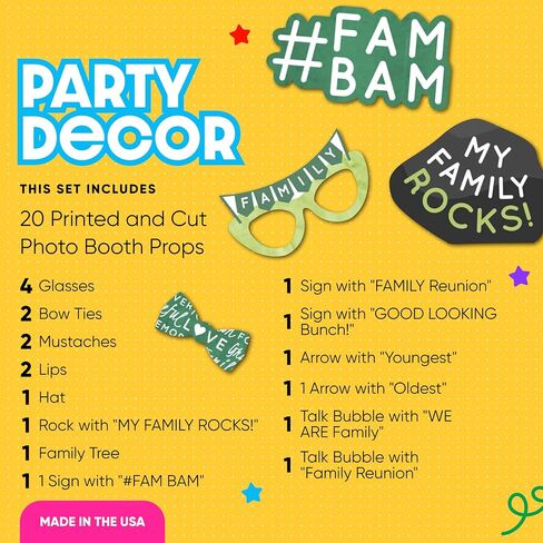 Family Tree Reunion Photo Booth Prop Kit, DIY Cardstock Props - 20pc | Family Gathering Themed Party Decorations, Masks and Speech Bubble Shapes for Adults or Kids, Prop Sticks Included, USA-made in Kuwait