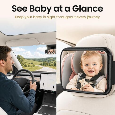 Baby Car Mirror, Car Seat Mirror Rear Facing for Tesla & Fixed Headrests | Shatterproof, Convex Wide-Angle, Wobble-Free, Non-Slip Straps, Scratch-Free, 360° Pivot, Easy Setup, All-Season Durability in Kuwait