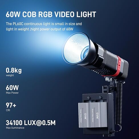 GVM PL60C RGB COB LED Video Light, 60W Portable Photography Studio Light, 2700K-6800K Full Color Output, CRI97+, App Control, 16 FX Effects for Photography, YouTube, Filmmaking & Content Creation in Kuwait