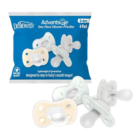 Dr. Brown's Advantage One-Piece Silicone Baby Pacifier, Fully Symmetrical Soother, Ecru/Gray/Green, 0-6M, BPA-Free, 4-Pack in Kuwait