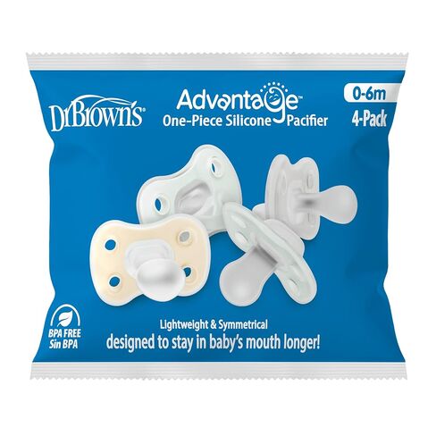 Dr. Brown's Advantage One-Piece Silicone Baby Pacifier, Fully Symmetrical Soother, Ecru/Gray/Green, 0-6M, BPA-Free, 4-Pack in Kuwait