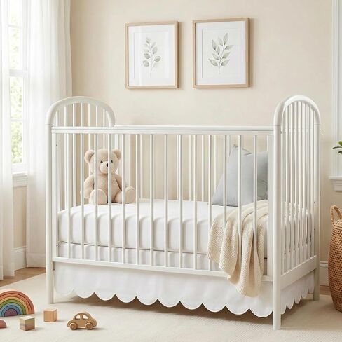 White Crib Skirt, 28 x 52 Inch, 14 Inch Drop, Scalloped Edge | Ruffle Design, Split Corners, For Girl Boys Neutral, Fits Standard Cribs in Kuwait