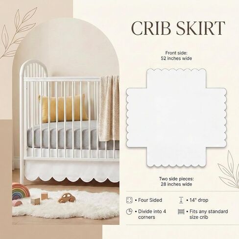White Crib Skirt, 28 x 52 Inch, 14 Inch Drop, Scalloped Edge | Ruffle Design, Split Corners, For Girl Boys Neutral, Fits Standard Cribs in Kuwait