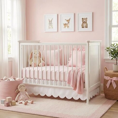 White Crib Skirt, 28 x 52 Inch, 14 Inch Drop, Scalloped Edge | Ruffle Design, Split Corners, For Girl Boys Neutral, Fits Standard Cribs in Kuwait