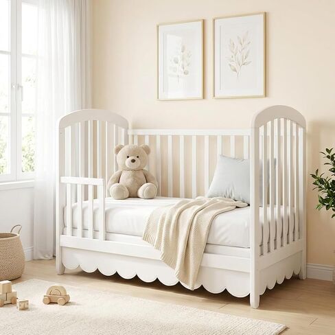 White Crib Skirt, 28 x 52 Inch, 14 Inch Drop, Scalloped Edge | Ruffle Design, Split Corners, For Girl Boys Neutral, Fits Standard Cribs in Kuwait