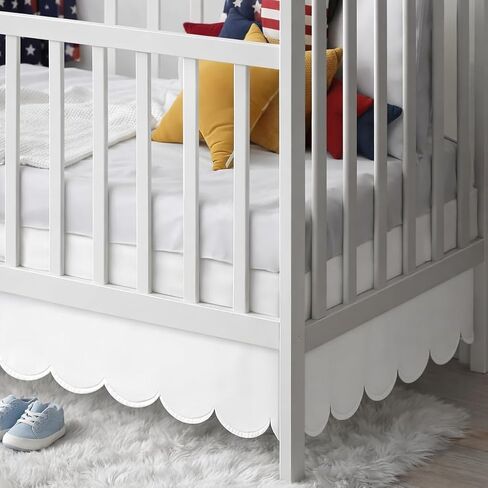 White Crib Skirt, 28 x 52 Inch, 14 Inch Drop, Scalloped Edge | Ruffle Design, Split Corners, For Girl Boys Neutral, Fits Standard Cribs in Kuwait