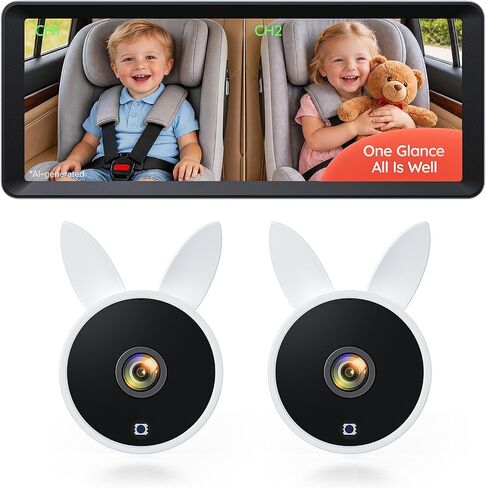 Babyvue Dual Car Camera Baby Monitor for 2 Kids | 7.2" HD 1080P Split Screen,Auto IR Night Vision,Easy Setup for Infant Pet Safety, Baby Car Mirror Rear Facing BV3 (White) in Kuwait