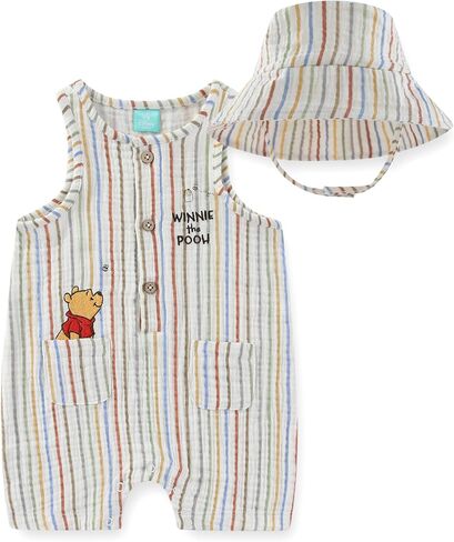 Disney Winnie the Pooh Baby Boys Gauze Sleeveless Romper with Bucket Hat 2 Piece Set for Newborn and Infant in Kuwait