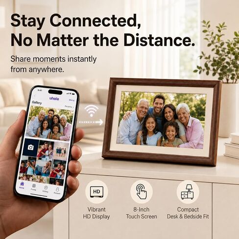 8" WiFi Digital Picture Frame – 100% Real Wood Frame, HD Touchscreen, 16GB Storage, MicroSD/USB-C, Auto-Rotate, App Sharing, Electric Picture Frame Slideshow, Desk & Family Use, Moms Birthday Gifts in Kuwait