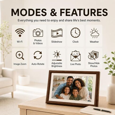 8" WiFi Digital Picture Frame – 100% Real Wood Frame, HD Touchscreen, 16GB Storage, MicroSD/USB-C, Auto-Rotate, App Sharing, Electric Picture Frame Slideshow, Desk & Family Use, Moms Birthday Gifts in Kuwait