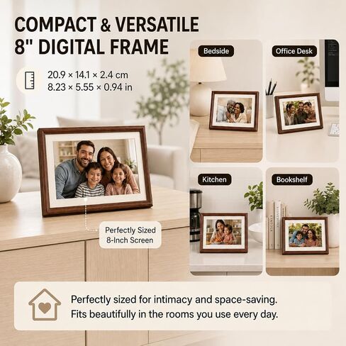 8" WiFi Digital Picture Frame – 100% Real Wood Frame, HD Touchscreen, 16GB Storage, MicroSD/USB-C, Auto-Rotate, App Sharing, Electric Picture Frame Slideshow, Desk & Family Use, Moms Birthday Gifts in Kuwait