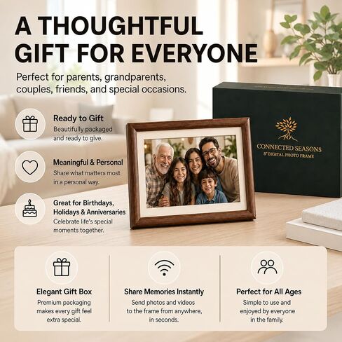 8" WiFi Digital Picture Frame – 100% Real Wood Frame, HD Touchscreen, 16GB Storage, MicroSD/USB-C, Auto-Rotate, App Sharing, Electric Picture Frame Slideshow, Desk & Family Use, Moms Birthday Gifts in Kuwait