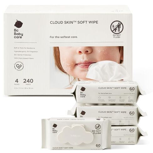 Bc Babycare Cloud Skin Soft Wipes for Sensitive Skin, Ultra-Fine Soft, B5 Hydrating & Barrier Care, 99% Pure Water, 100% Plant-Based, Hypoallergenic, Unscented Newborn Essentials (4 Pack, 240 Count) in Kuwait