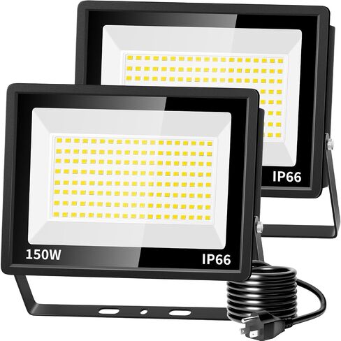 150W LED Flood Light Outdoor, 18000LM Brighter Work Light with 6FT US Plug, IP66 Waterproof Exterior Security Lights, 5000K Daylight White Outside Floodlights for Yard Playground Lawn Garage, 2 Pack in Kuwait