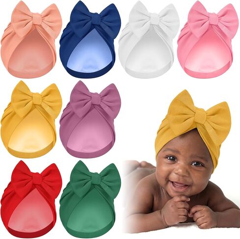 8 Pcs Newborn Satin Bonnet for 0-6 Months Infant Toddler Silky Satin Lined Stretchy Baby Turban Hats with Bow in Kuwait